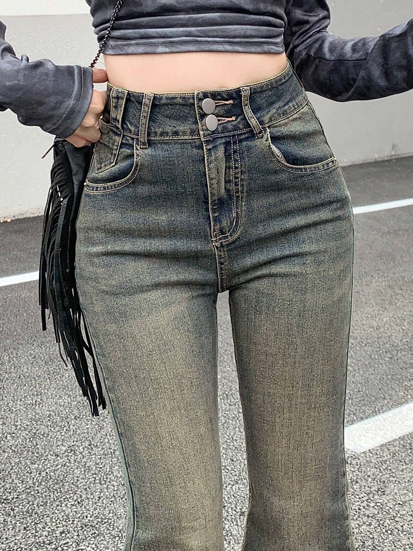 Benimeria-Womens High Waisted Flared Jeans Split Denim Pants