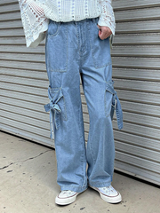 Benimeria-Womens Fashionable Cargo jeans Solid Color Loose Fit Denim Pant