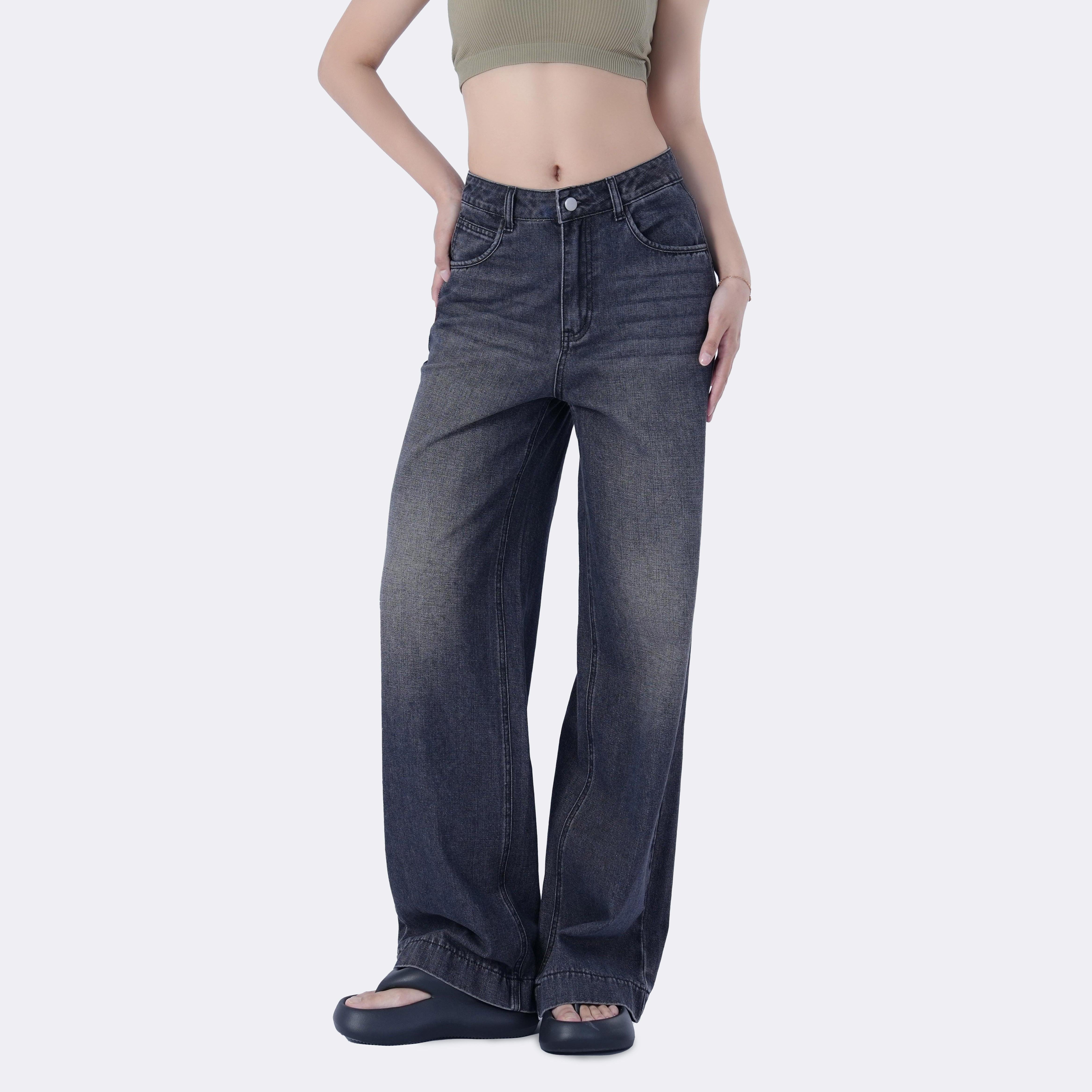 Benimeria-Women's High Waist Solid Wide Leg Jeans-Dark Grey