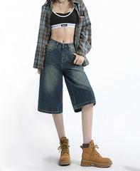 Benimeria-Vintage Hong Kong-style black denim cropped pants - relaxed straight-leg midi length, spring/summer women's fashion