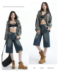 Benimeria-Vintage Hong Kong-style black denim cropped pants - relaxed straight-leg midi length, spring/summer women's fashion