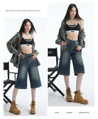 Benimeria-Vintage Hong Kong-style black denim cropped pants - relaxed straight-leg midi length, spring/summer women's fashion