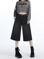 Benimeria-Vintage Hong Kong-style black denim cropped pants - relaxed straight-leg midi length, spring/summer women's fashion