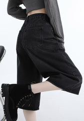 Benimeria-Vintage Hong Kong-style black denim cropped pants - relaxed straight-leg midi length, spring/summer women's fashion