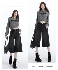 Benimeria-Vintage Hong Kong-style black denim cropped pants - relaxed straight-leg midi length, spring/summer women's fashion