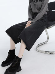 Benimeria-Vintage Hong Kong-style black denim cropped pants - relaxed straight-leg midi length, spring/summer women's fashion