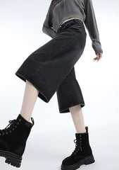 Benimeria-Vintage Hong Kong-style black denim cropped pants - relaxed straight-leg midi length, spring/summer women's fashion
