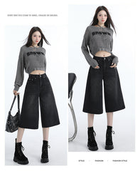 Benimeria-Vintage Hong Kong-style black denim cropped pants - relaxed straight-leg midi length, spring/summer women's fashion
