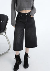 Benimeria-Vintage Hong Kong-style black denim cropped pants - relaxed straight-leg midi length, spring/summer women's fashion