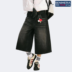 Benimeria-American-style retro loose washed and distressed cropped pants, high street style wide-leg pants with a sense of design.