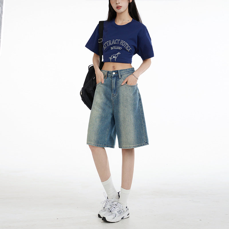 Benimeria-Summer Jorts High street gradient vintage denim medium shorts women's loose slim casual wide leg fifth pants