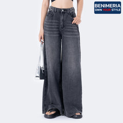 Benimeria-Women's High Waist Jeans SolidWaist Adjusting Buckle Wide LegDenim Jeans-Dark Grey Jeans