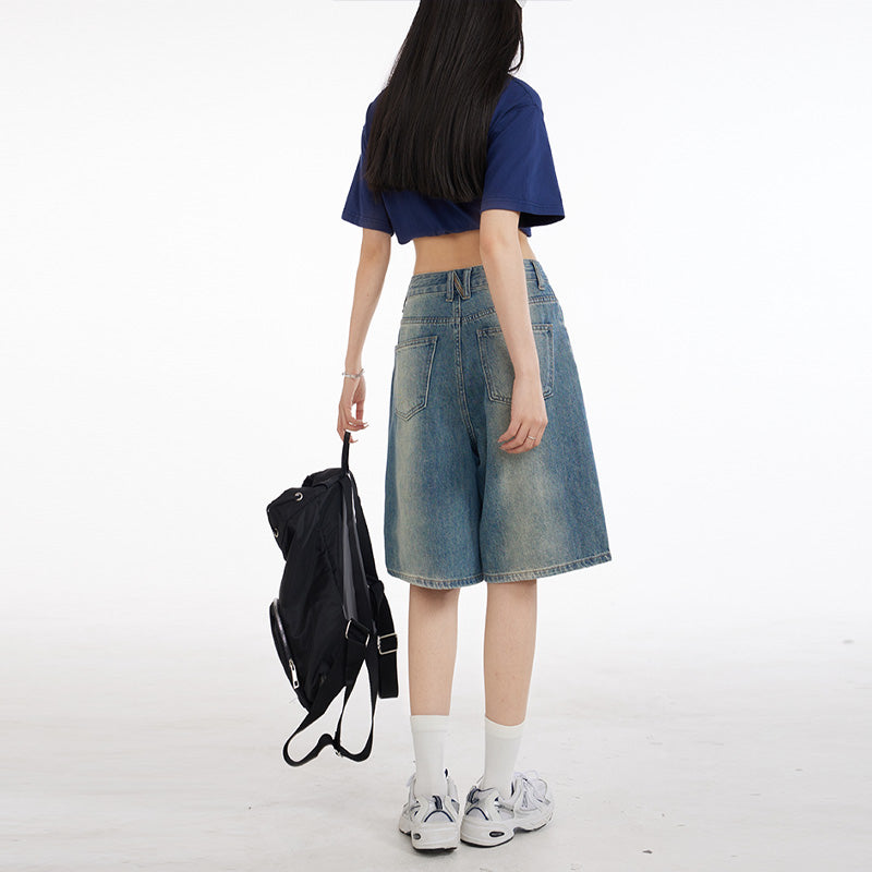 Benimeria-Summer Jorts High street gradient vintage denim medium shorts women's loose slim casual wide leg fifth pants