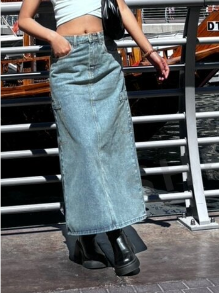 Benimeria-Designer Cargo Long A-Line Denim Skirt Fake Pocket Denime Skirts
