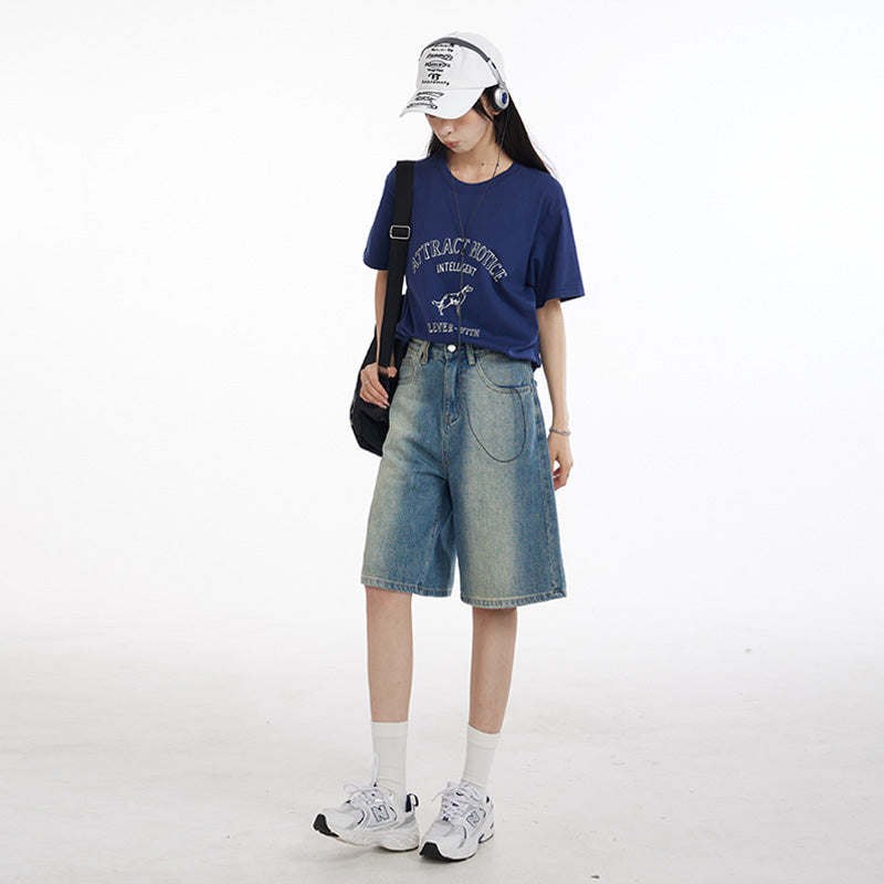 Benimeria-Summer Jorts High street gradient vintage denim medium shorts women's loose slim casual wide leg fifth pants