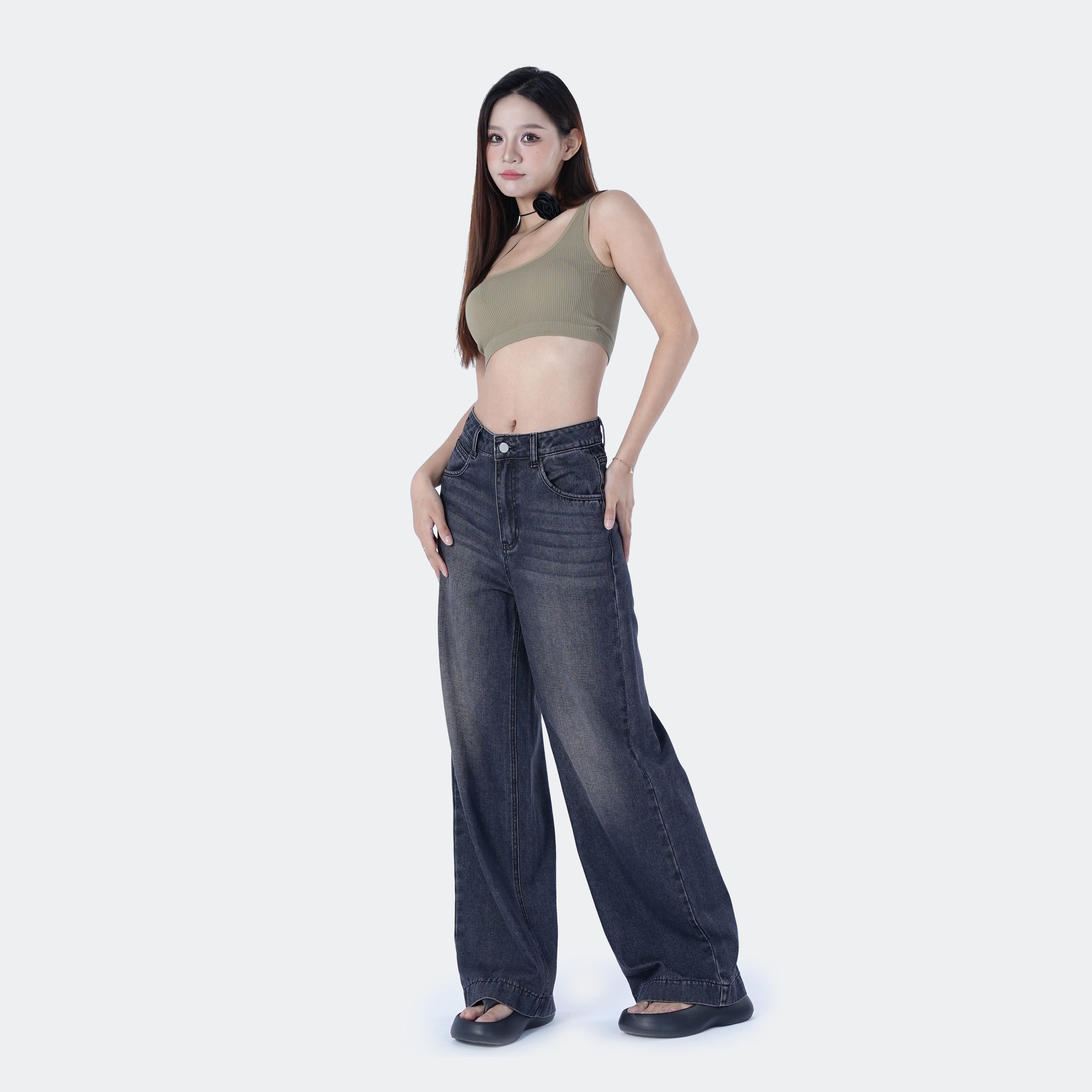 Benimeria-Women's High Waist Solid Wide Leg Jeans-Dark Grey