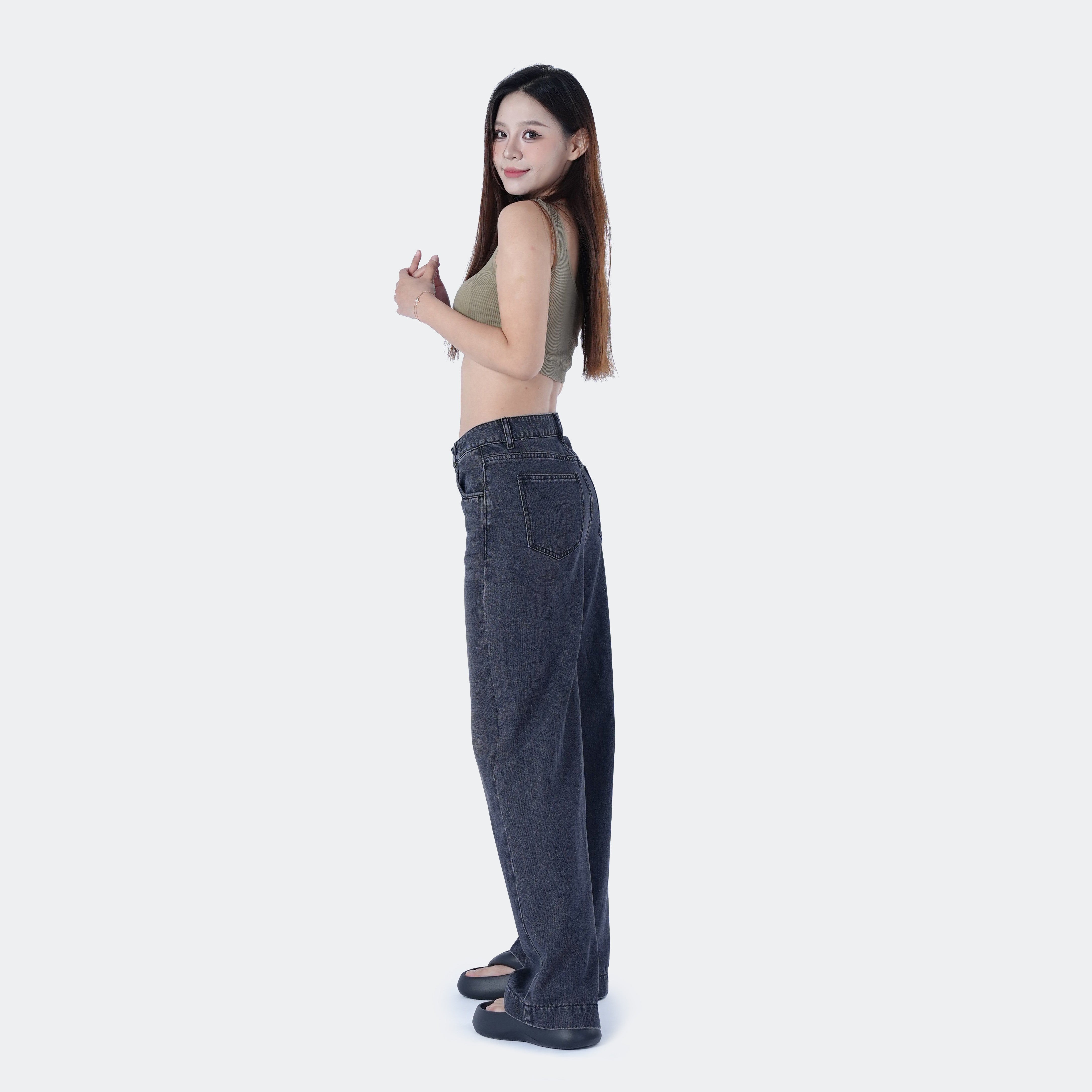 Benimeria-Women's High Waist Solid Wide Leg Jeans-Dark Grey