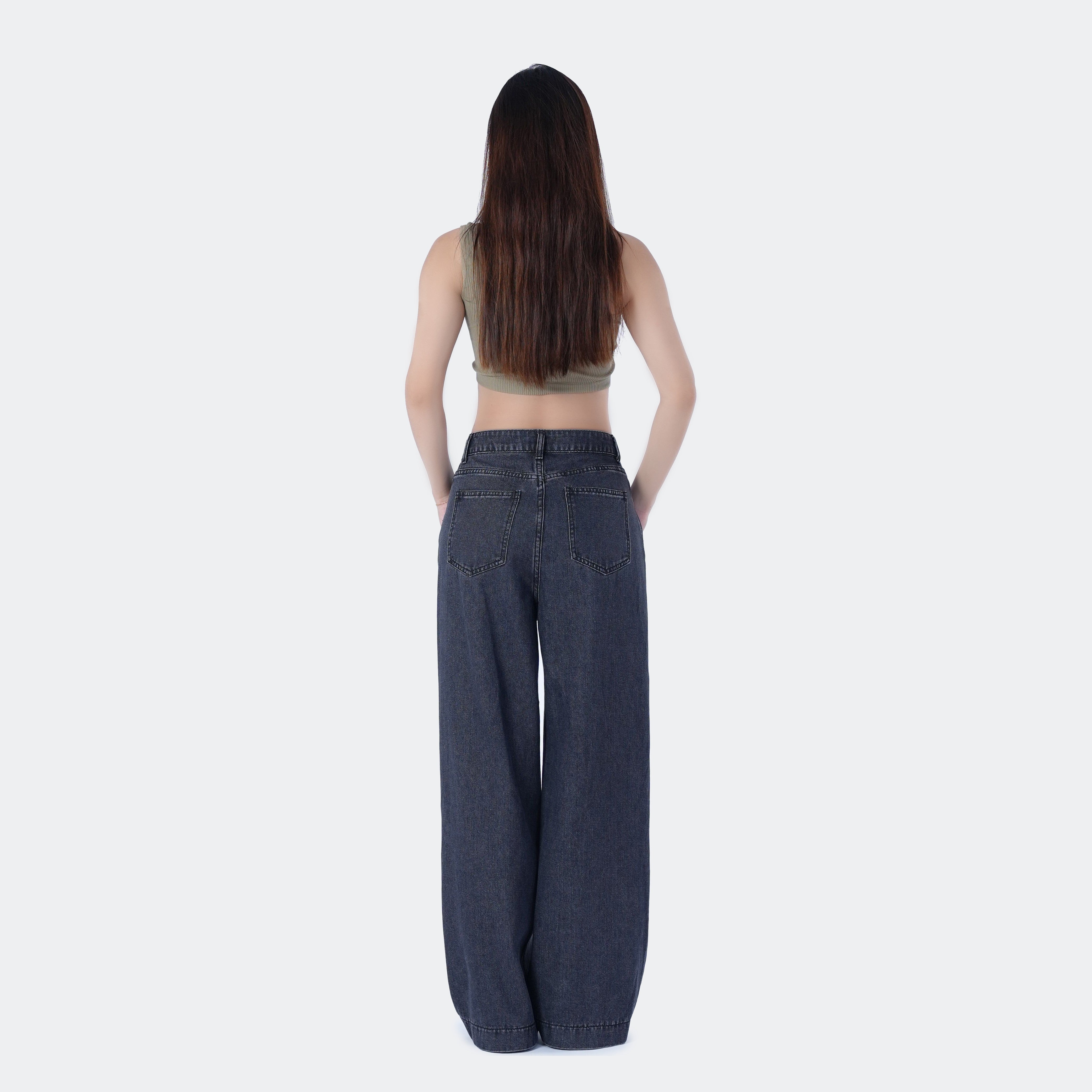 Benimeria-Women's High Waist Solid Wide Leg Jeans-Dark Grey