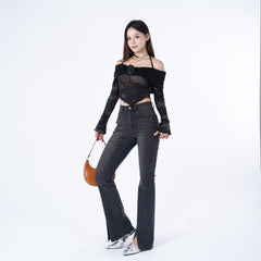 Benimeria-Women's High Waisted Flared Jeans Split Denim Pants