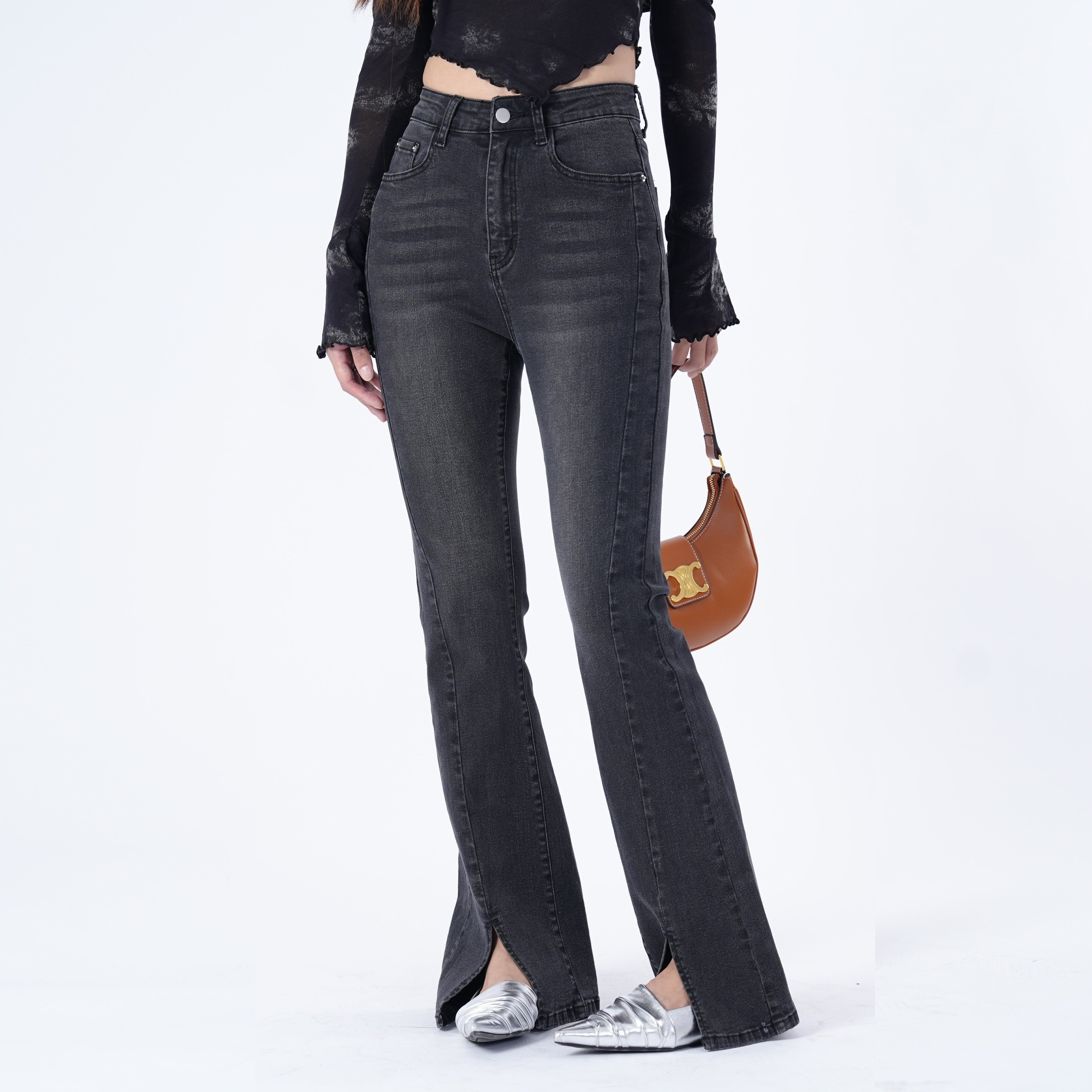 Benimeria-Women's High Waisted Flared Jeans Split Denim Pants