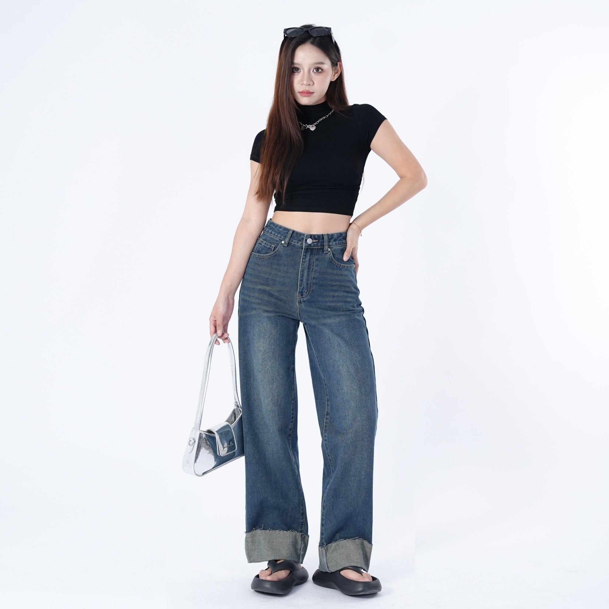 Benimeria-Women's High-waisted straight legjeans Baggy blue retro blocker skinny patch work niners
