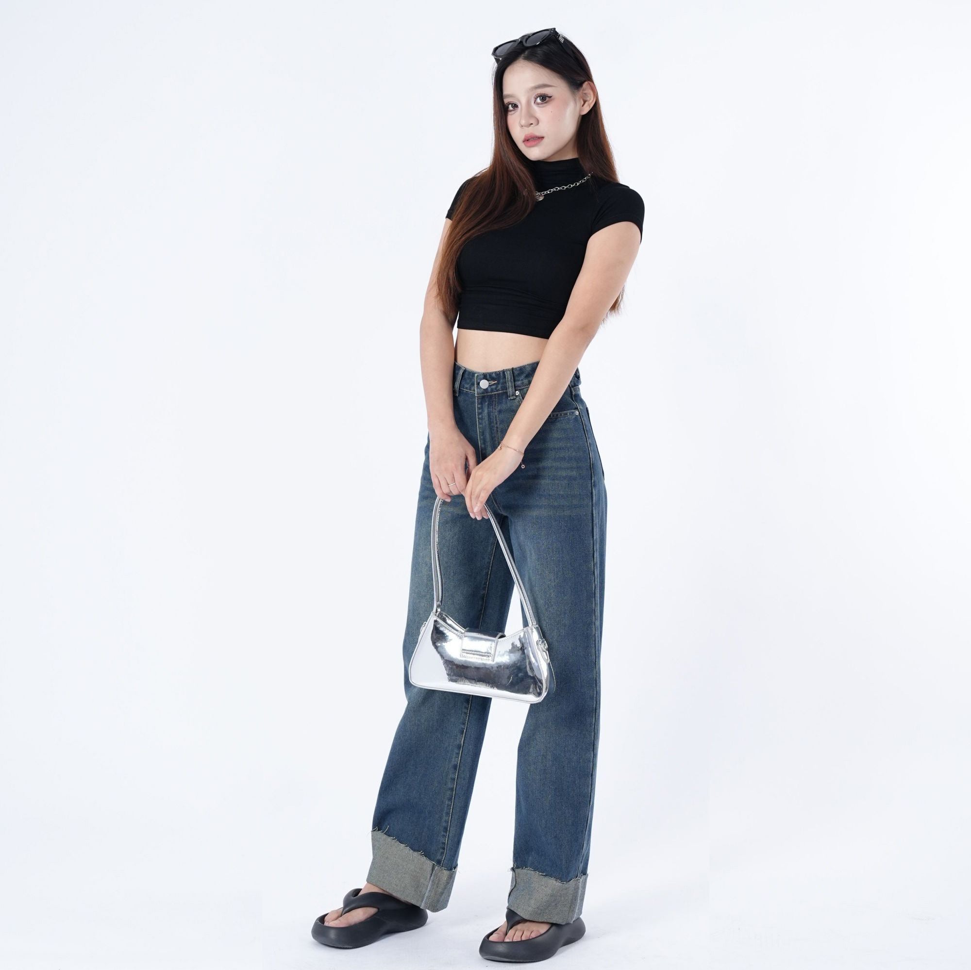 Benimeria-Women's High-waisted straight legjeans Baggy blue retro blocker skinny patch work niners