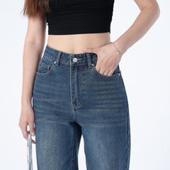 Benimeria-Women's High-waisted straight legjeans Baggy blue retro blocker skinny patch work niners