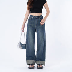 Benimeria-Women's High-waisted straight legjeans Baggy blue retro blocker skinny patch work niners