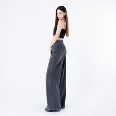 Benimeria-Women's High Waist Jeans SolidWaist Adjusting Buckle Wide LegDenim Jeans-Dark Grey Jeans