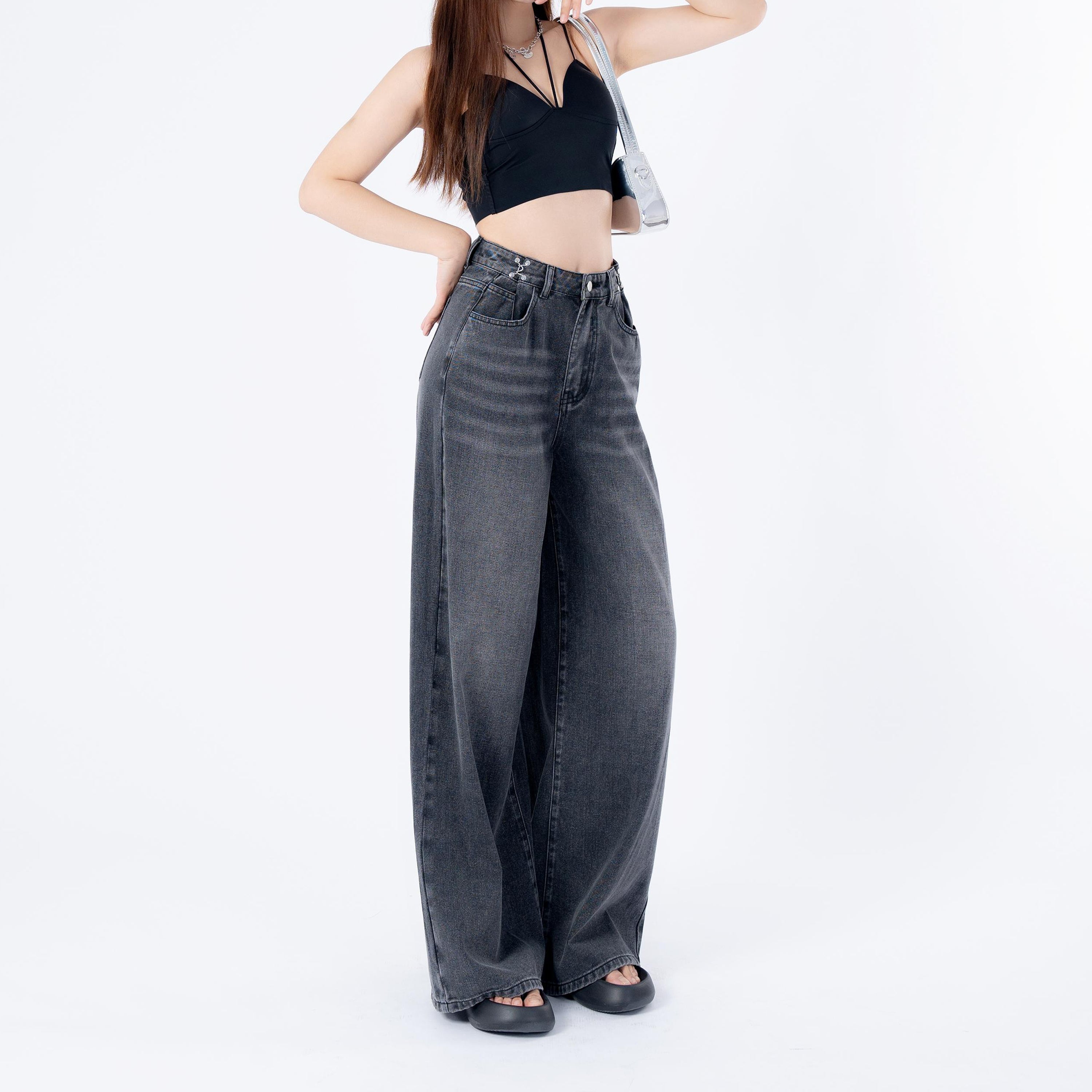 Benimeria-Women's High Waist Jeans SolidWaist Adjusting Buckle Wide LegDenim Jeans-Dark Grey Jeans