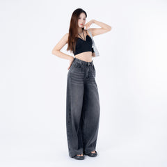 Benimeria-Women's High Waist Jeans SolidWaist Adjusting Buckle Wide LegDenim Jeans-Dark Grey Jeans