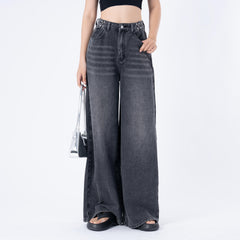 Benimeria-Women's High Waist Jeans SolidWaist Adjusting Buckle Wide LegDenim Jeans-Dark Grey Jeans