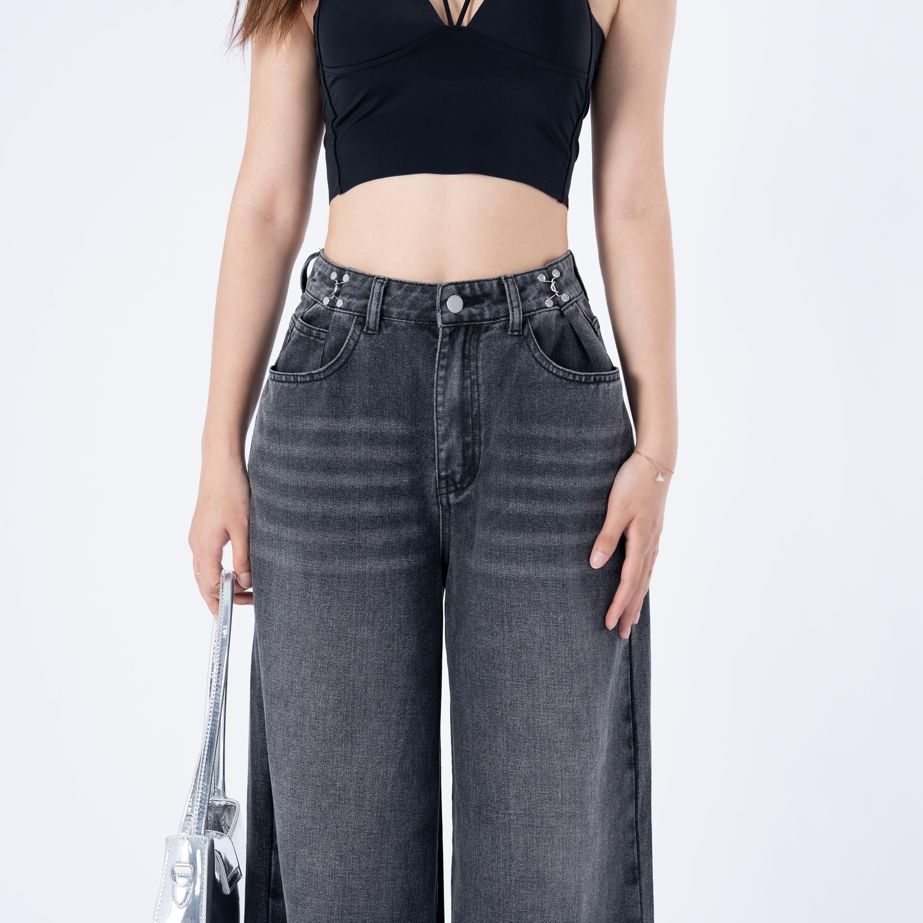 Benimeria-Women's High Waist Jeans SolidWaist Adjusting Buckle Wide LegDenim Jeans-Dark Grey Jeans