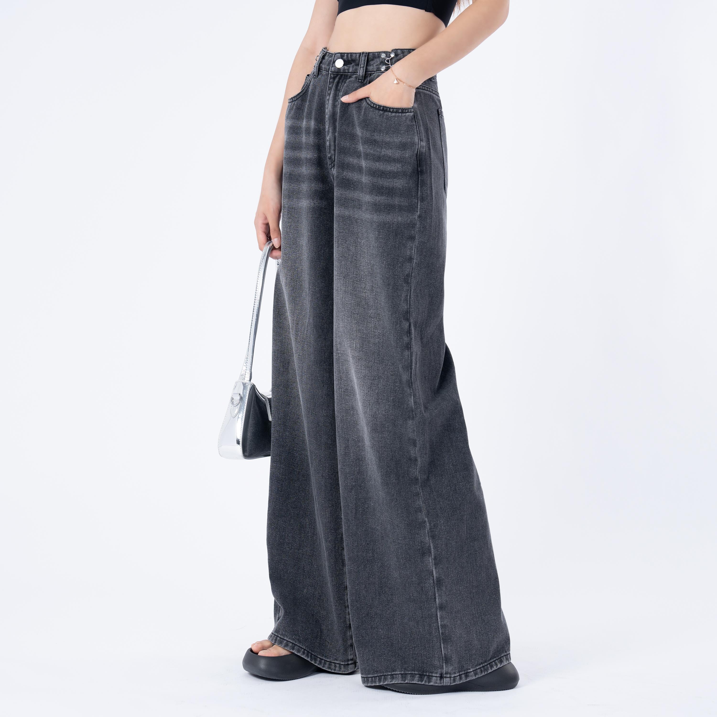 Benimeria-Women's High Waist Jeans SolidWaist Adjusting Buckle Wide LegDenim Jeans-Dark Grey Jeans