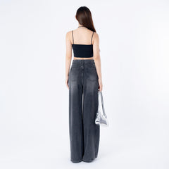 Benimeria-Women's High Waist Jeans SolidWaist Adjusting Buckle Wide LegDenim Jeans-Dark Grey Jeans