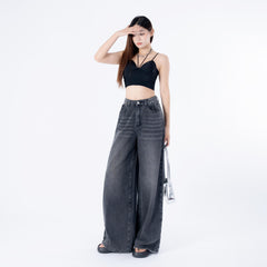 Benimeria-Women's High Waist Jeans SolidWaist Adjusting Buckle Wide LegDenim Jeans-Dark Grey Jeans