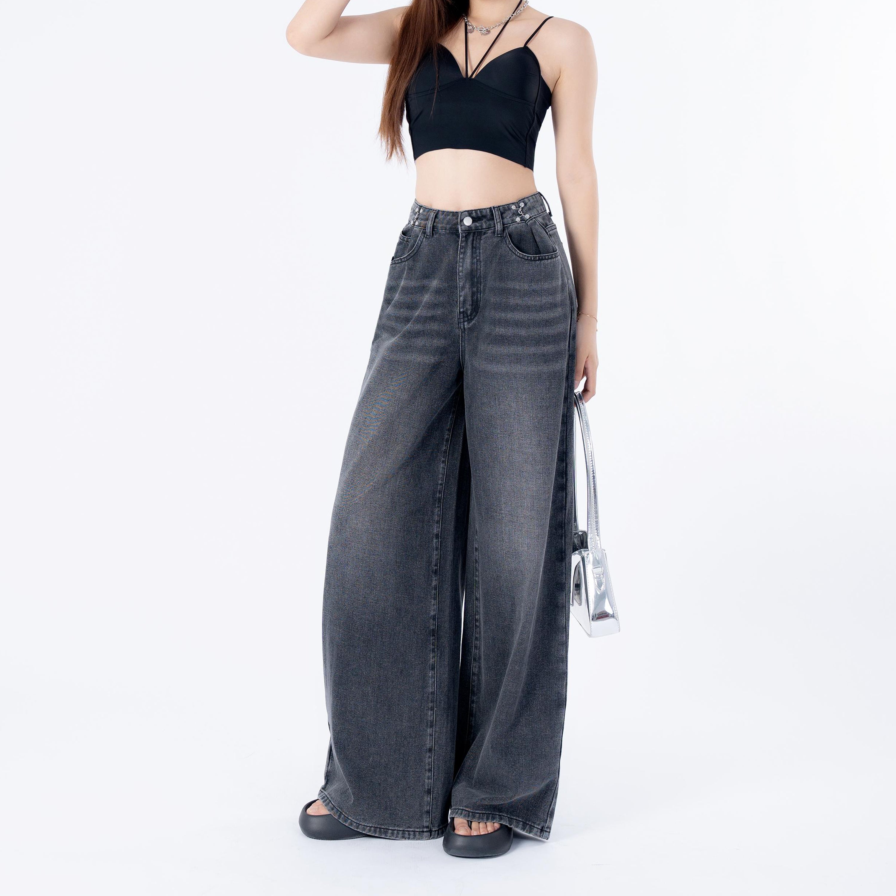 Benimeria-Women's High Waist Jeans SolidWaist Adjusting Buckle Wide LegDenim Jeans-Dark Grey Jeans