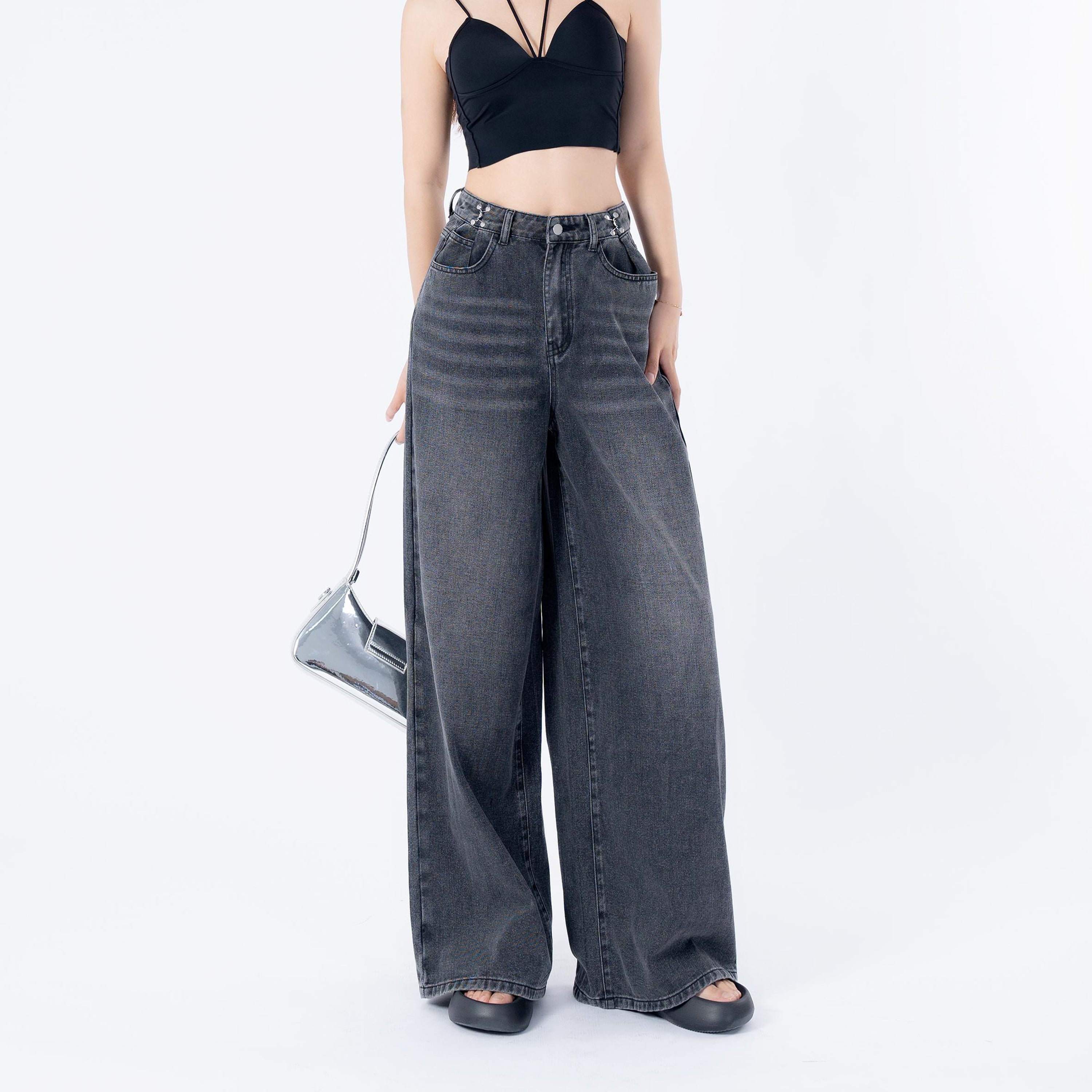 Benimeria-Women's High Waist Jeans SolidWaist Adjusting Buckle Wide LegDenim Jeans-Dark Grey Jeans