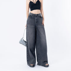 Benimeria-Women's High Waist Jeans SolidWaist Adjusting Buckle Wide LegDenim Jeans-Dark Grey Jeans