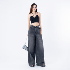 Benimeria-Women's High Waist Jeans SolidWaist Adjusting Buckle Wide LegDenim Jeans-Dark Grey Jeans