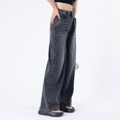 Benimeria-Women's High Waist Jeans SolidWaist Adjusting Buckle Wide LegDenim Jeans-Dark Grey Jeans