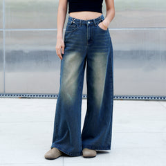 Benimeria-Womens High Waist Fashionable Solid Color Wide Leg Denim Pants