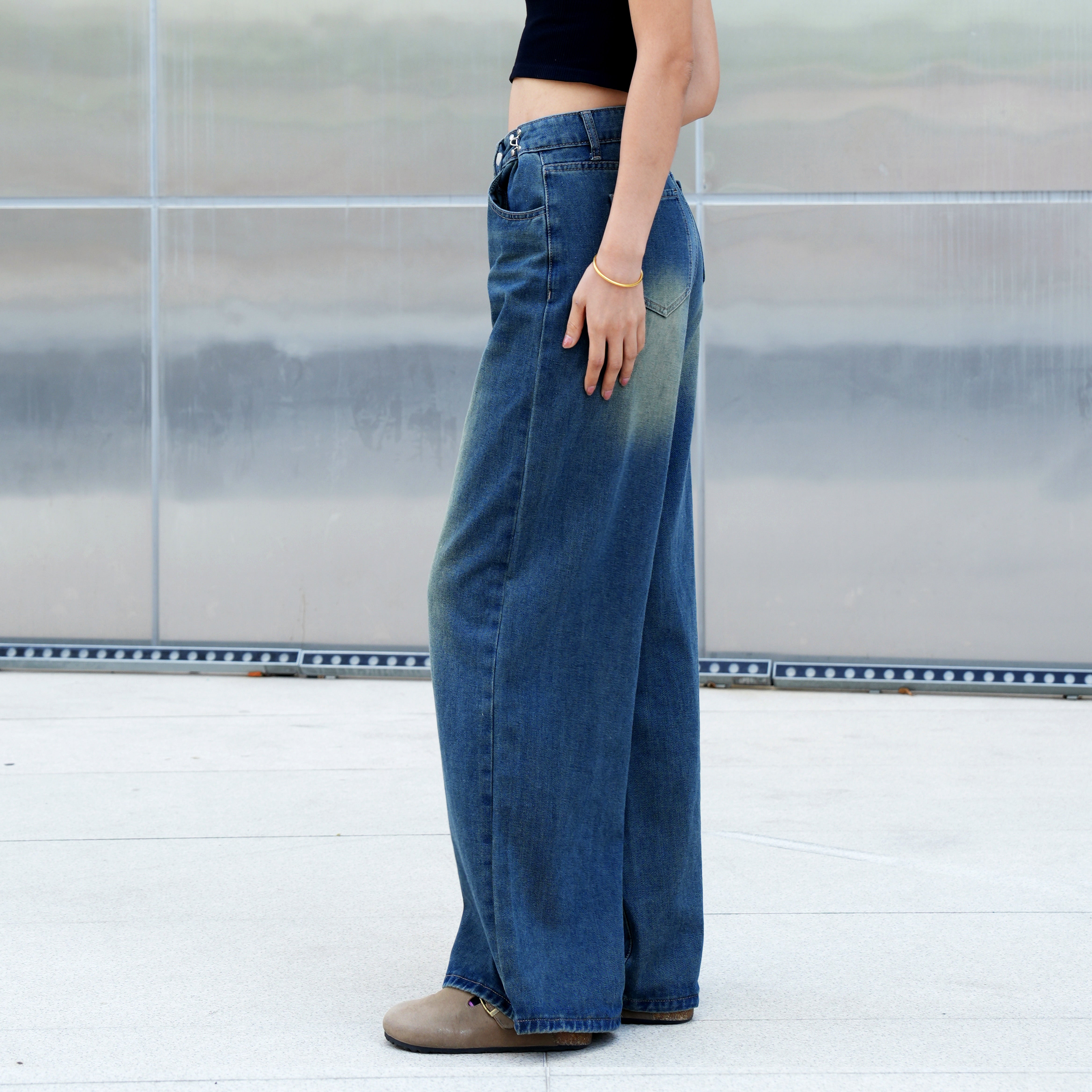 Benimeria-Womens High Waist Fashionable Solid Color Wide Leg Denim Pants
