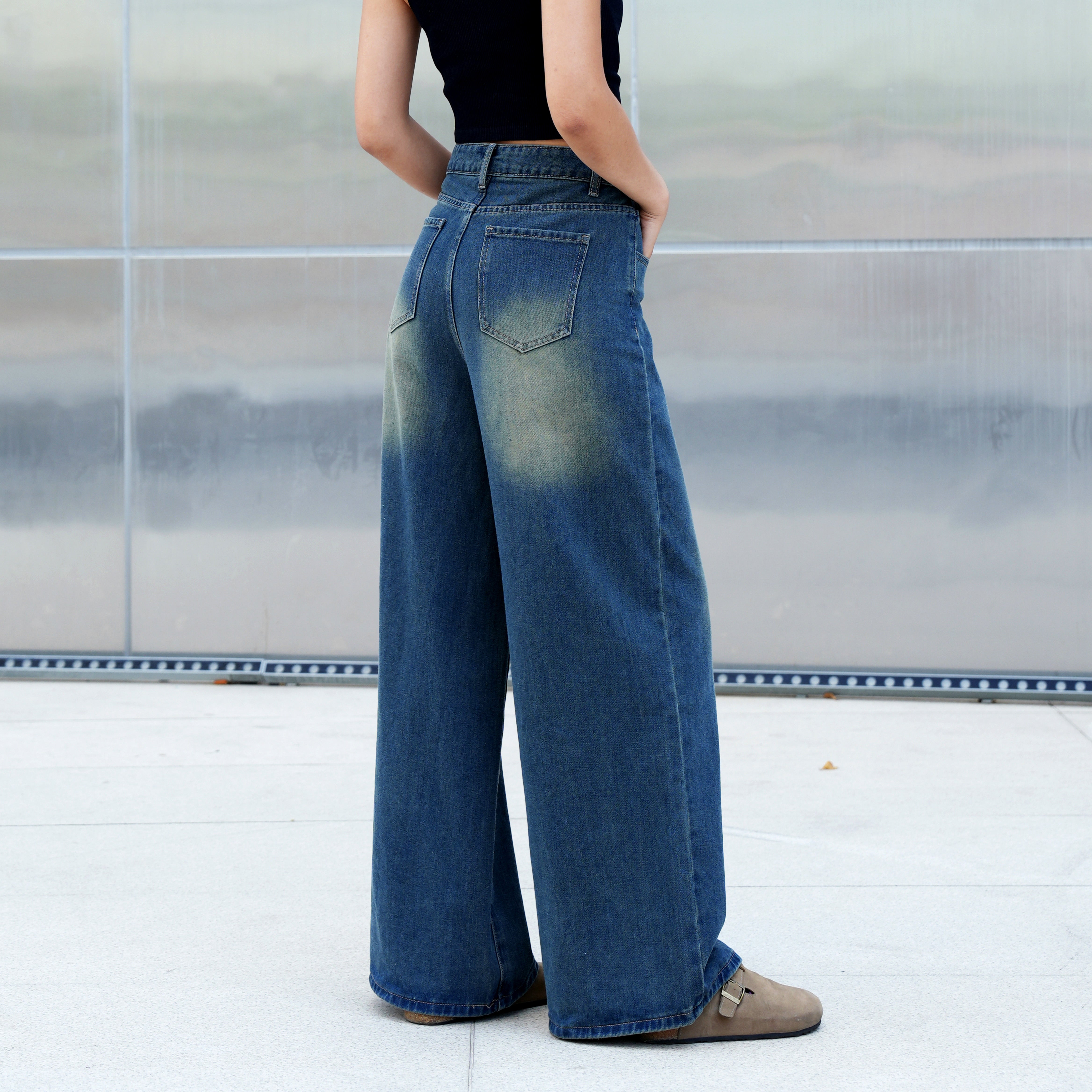 Benimeria-Womens High Waist Fashionable Solid Color Wide Leg Denim Pants