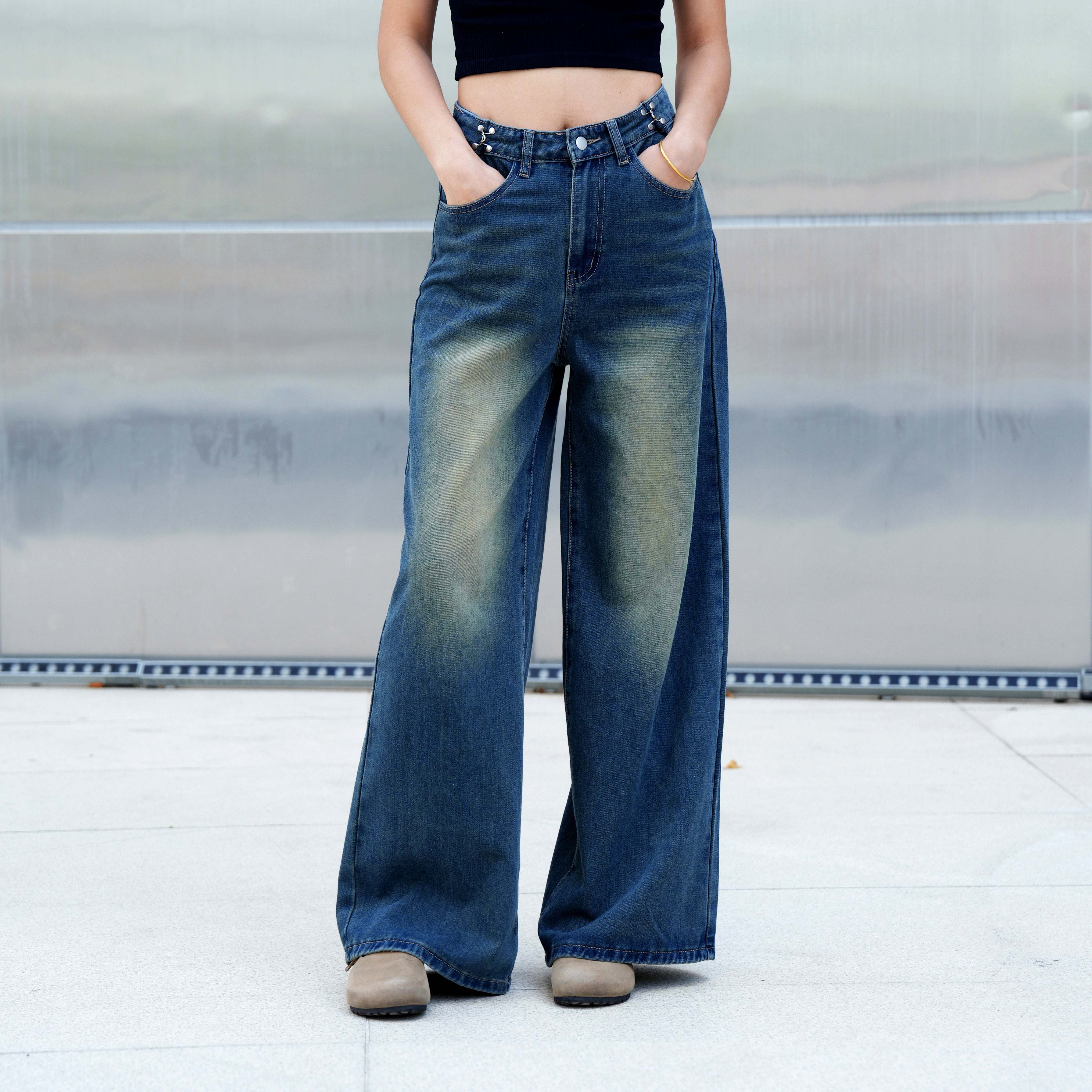 Benimeria-Womens High Waist Fashionable Solid Color Wide Leg Denim Pants