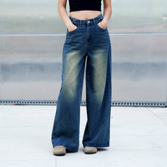 Benimeria-Womens High Waist Fashionable Solid Color Wide Leg Denim Pants