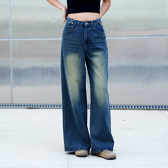 Benimeria-Womens High Waist Fashionable Solid Color Wide Leg Denim Pants