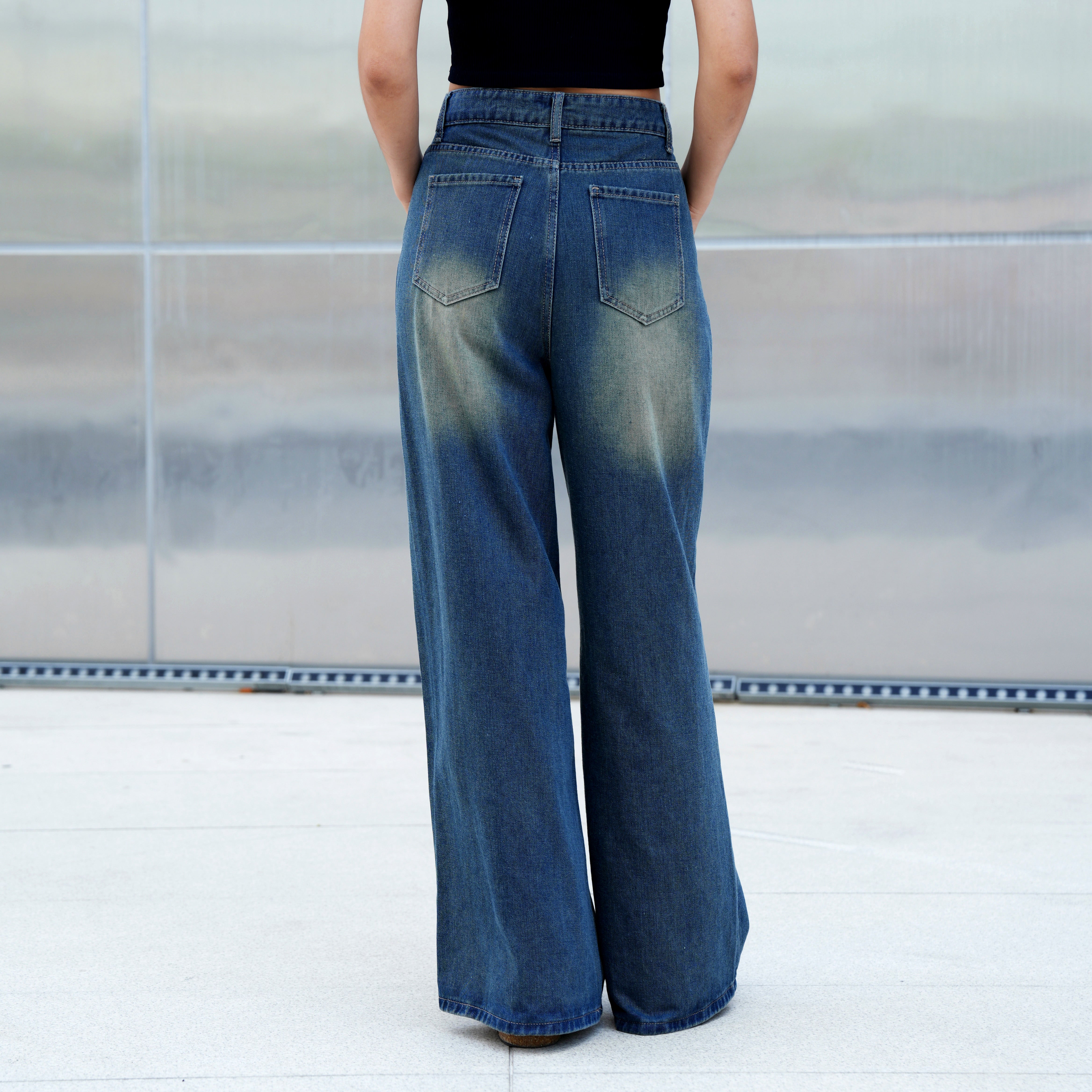 Benimeria-Womens High Waist Fashionable Solid Color Wide Leg Denim Pants