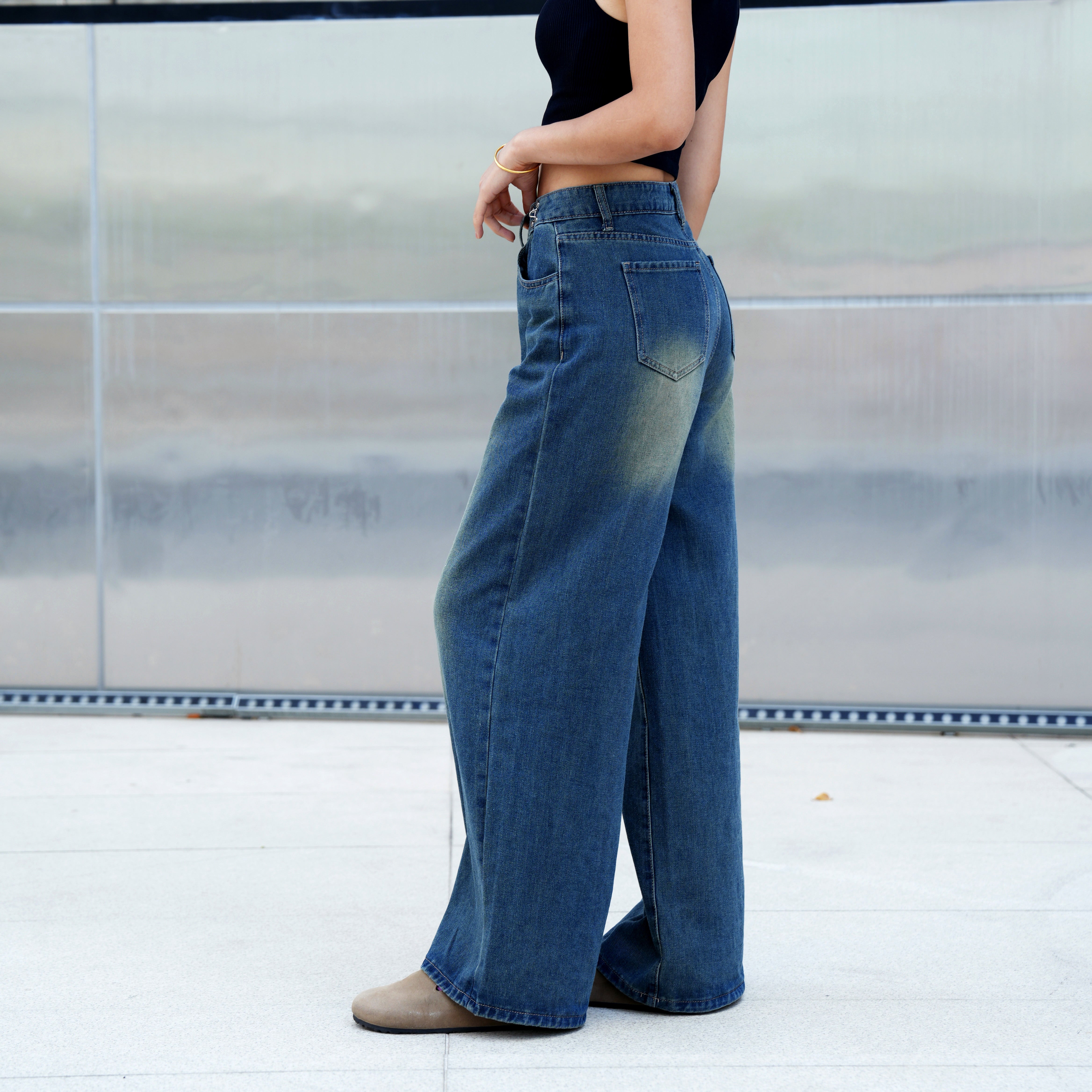 Benimeria-Womens High Waist Fashionable Solid Color Wide Leg Denim Pants