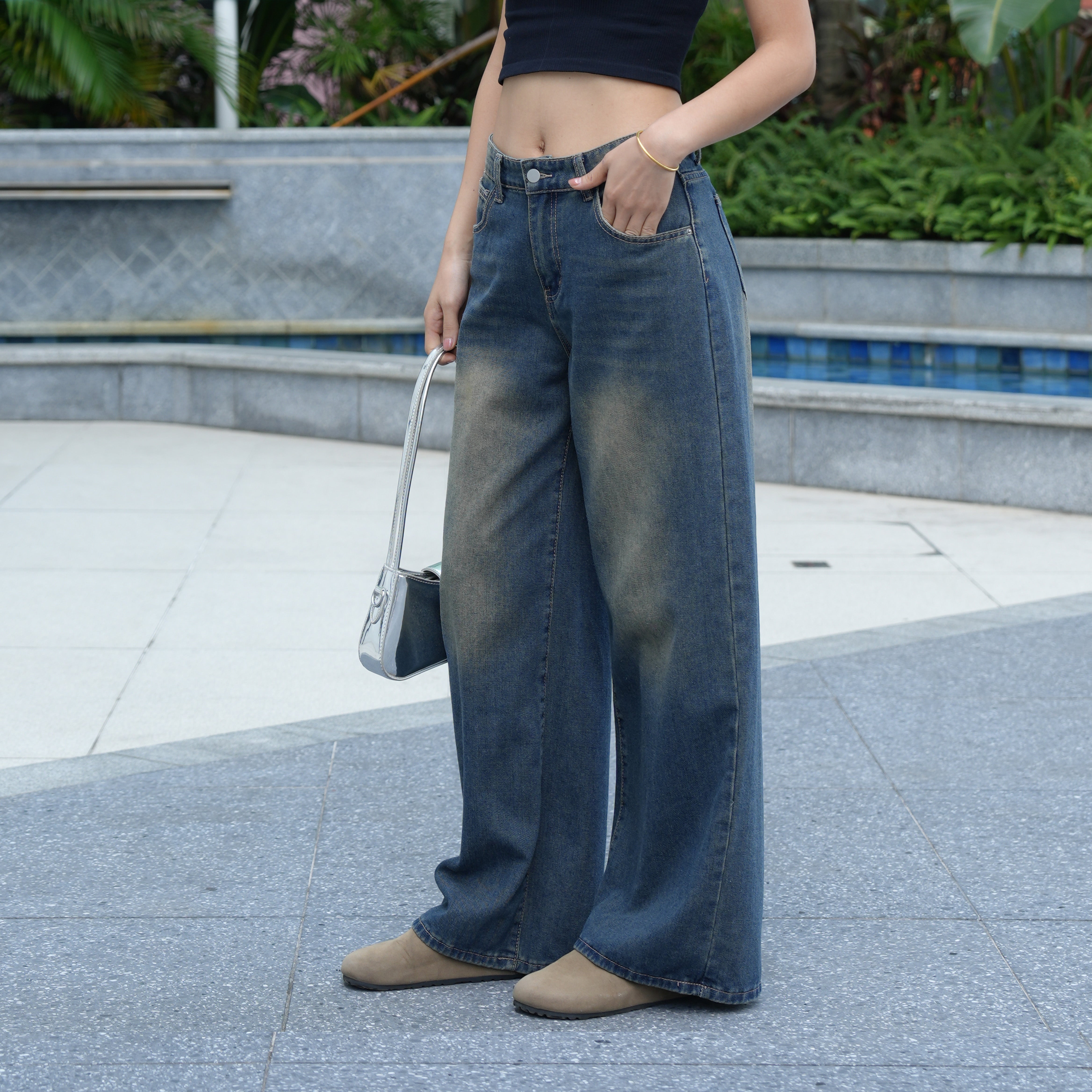 Benimeria-Womens Loose Fit Wide Leg Jeans Streetwear Denim Pant